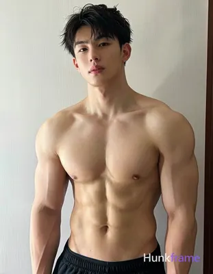 He stands shirtless, torso slightly angled right, displaying defined pectoral muscles and visible ab