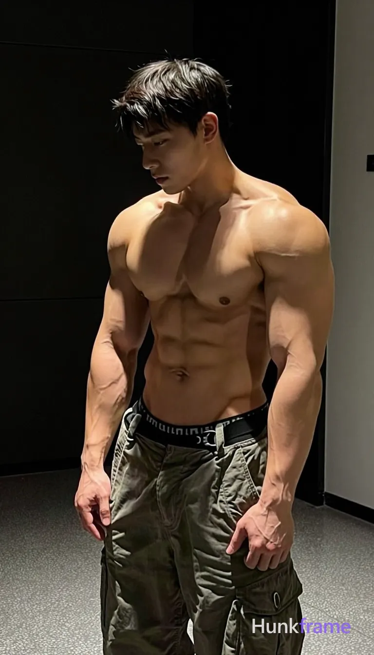 an anonymous figure adult man with short textured crop cut hair featuring dark brown to black color and subtle gray highlights, clean-shaven face with neutral pensive gaze directed downward left; Standing in 3/4 profile facing left, torso angled slightly forward, left hand loosely clenched near hip; Shirtless with bare chest and abdomen fully exposed showing broad shoulders, defined clavicles, visible rib cage, six-pack abs, vascular arms, thick thighs under loose-fitting olive-green cargo pants with front pockets and black leather belt threaded through loops; Indoor studio setting with speckled gray floor and dark background wall, tripod stand leg visible behind right shoulder; High-contrast directional key light from front-right creating highlights on chest and shoulders, soft fill minimizing shadows while preserving muscle definition; Shallow depth of field sharp focus on torso and face, natural skin texture without heavy retouching; Vertical portrait framing upper chest to mid-thighs, head near top third, center-right composition, shot on iPhone 15 Pro main camera, authentic smartphone computational photography, natural Smart HDR and; single clean uninterrupted photograph with a cohesive editorial composition and plain continuous surrounding surfaces