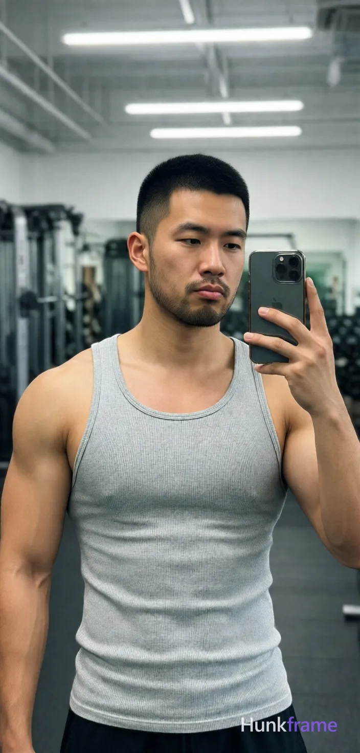 Asian man with short black buzz cut and light stubble stands in a gym interior, holding phone for mirror selfie; He wears a tight light grey ribbed cotton tank top covering his torso completely, displaying broad shoulders, defined deltoids, visible biceps, triceps, and tight abdominal definition; Neutral expression with slight pout, focused gaze at screen; Portrait framing from mid-thigh up in clean uncluttered background emphasizing physique under bright overhead fluorescent lighting, shot on iPhone 15 Pro main camera, authentic smartphone computational photography, natural Smart HDR, vertical 9:16 Xiaohongshu lifestyle post, bright clean gym or cafe scene, wardrobe matching reference outfit, confident everyday blogger pose, phone photo with natural grain, phone held naturally in one hand for selfie, phone visible in frame; single clean uninterrupted photograph with a cohesive editorial composition and plain continuous surrounding surfaces