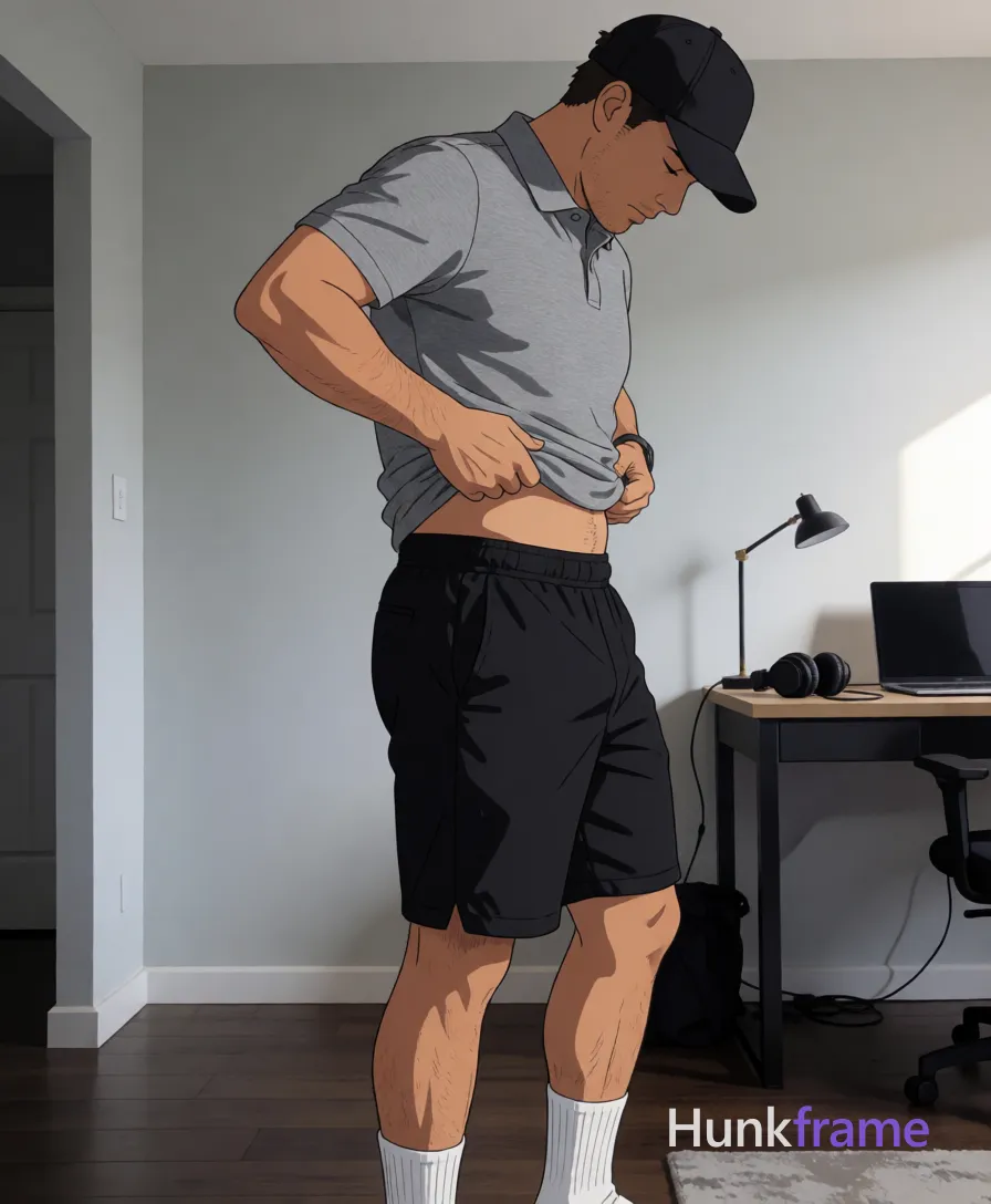 Polished anime style rendering of an adult man with light to medium tan skin standing sideways, head bowed under a black baseball cap; He pulls up his heather grey polo shirt waistband mid-thigh with both hands while shifting weight onto the right leg; thick thighs and defined calves are fully exposed below knee-length black athletic shorts; White crew socks show on bare feet reflecting naturally in the glass; The background reveals an indoor room with light grey walls, dark wood flooring, a desk, laptop, lamp, and headphones to the right; Soft directional natural light from the right casts subtle shadows across his sculpted physique; single clean uninterrupted artwork with a cohesive composition and plain continuous surrounding surfaces