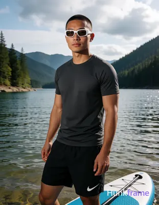Asian man with light-medium skin and short buzz cut, wearing white-framed rectangular sunglasses pus