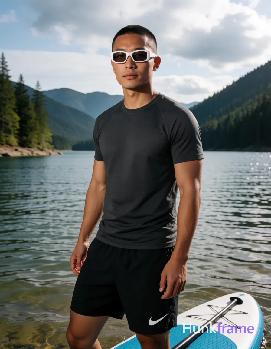 Asian man with light-medium skin and short buzz cut, wearing white-framed rectangular sunglasses pushed up on head behind ears; Standing casually near a paddleboard edge in shallow water instead of seated sideways; Legs extended forward slightly, dark gray fitted athletic t-shirt, black Nike shorts with white swoosh logo; Bare legs from waist to ankles showing thick thighs; Outdoor lake scene surrounded by forested mountains under partly cloudy sky; Natural daylight sunlit from right casting shadows on face and torso; High dynamic range photography, vertical portrait composition 13:19; The adult man visibly wears white-framed sunglasses worn over eyes with arms pushed up onto head behind ears; thin rectangular frames with clear or lightly tinted lenses on his face; preserve the exact frame shape, rim style, color, material, and lens tint, same aesthetic theme and photo feel as the reference but a different man in a different pose with distinct body proportions, Thai man, smooth tan skin, gentle eyes, slim toned Muay Thai physique; single clean uninterrupted photograph with a cohesive editorial composition and plain continuous surrounding surfaces