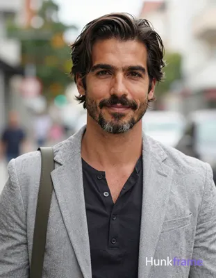 A handsome adult man with medium-tan skin and dark brown hair featuring side-swe