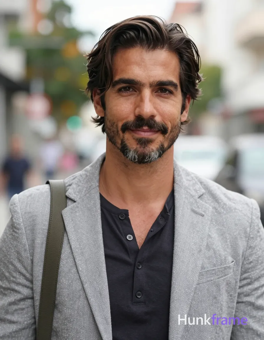 A handsome adult man with medium-tan skin and dark brown hair featuring side-swept bangs stands in a head-and-shoulders portrait facing forward. He sports a well-groomed mustache and goatee with salt-and-pepper highlights, offering a direct gaze at the camera with a slight closed-mouth smile. His attire consists of a light grey textured blazer worn open over a dark henley-style shirt with visible buttons at the neckline, while a bag strap crosses his left shoulder. The composition reveals artistic partial nudity exposing the neck and upper chest above the collar. Set against an outdoor urban environment with blurred foliage and architecture in the background, soft natural daylight provides even illumination on his face. Shallow depth of field creates a creamy bokeh effect behind him, maintaining high-resolution editorial portrait aesthetics within a vertical 13:19 aspect ratio., a single uninterrupted photograph only, no written words or typography anywhere in frame, no captions, no app UI, no social-media post layout, no screenshot borders