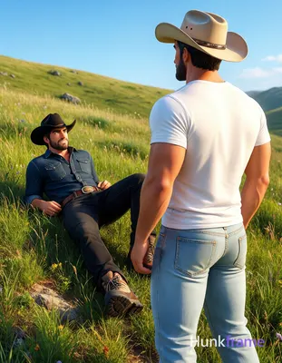 Polished 2.5D anime rendering of two adult men on a grassy hillside under clear 