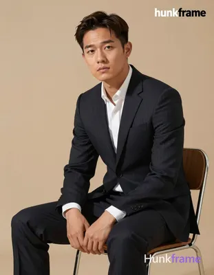 Asian man with fair to light tan warm skin, short dark brown hair side-parted across forehead, clean