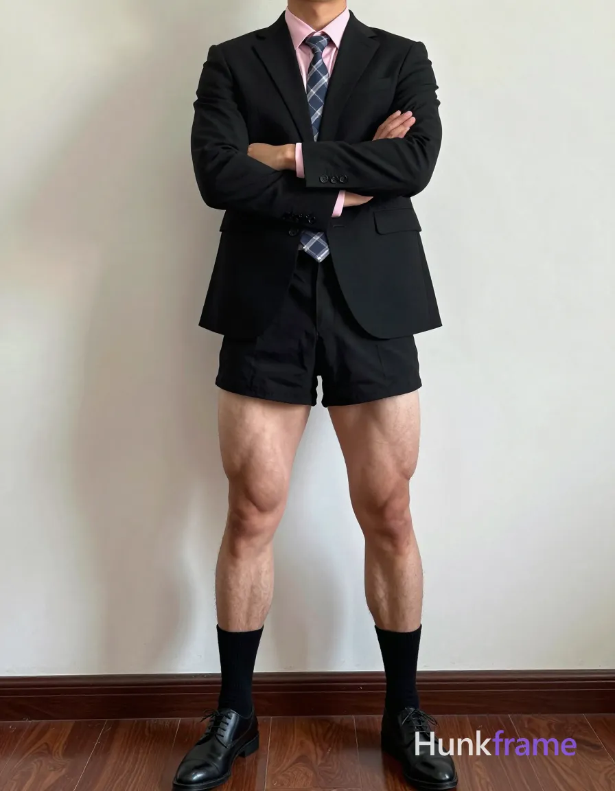 A photorealistic photograph of a handsome man standing with arms crossed over his chest. He is wearing a black suit jacket, pink dress shirt, plaid tie, black trousers, and black dress shoes. The lighting is neutral, highlighting his defined abs and shoulders. The background is minimal, keeping the focus entirely on the subject. The palette includes shades of black, pink, blue, and white, creating an authoritative yet stylish appearance. Tack-sharp throughout
