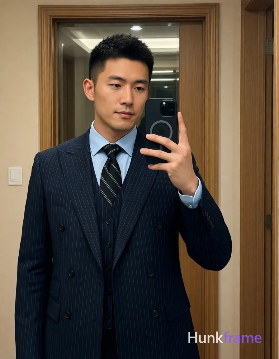 Asian man with short textured dark crop hair and clean-shaven face stands upright in a mirror reflection, holding black MagSafe smartphone to capture selfie; He wears a dark navy pinstripe double-breasted suit jacket over matching vest and light blue dress shirt collar with black striped tie knotted neatly at neck; Slim build physique visible from mid-thigh up; Indoor room setting with beige walls and wooden door frame behind him under soft ambient lighting reflecting in upper doorway glass panel; Polished, confident mood captured on 832x1216 canvas; single clean uninterrupted photograph with a cohesive editorial composition and plain continuous surrounding surfaces