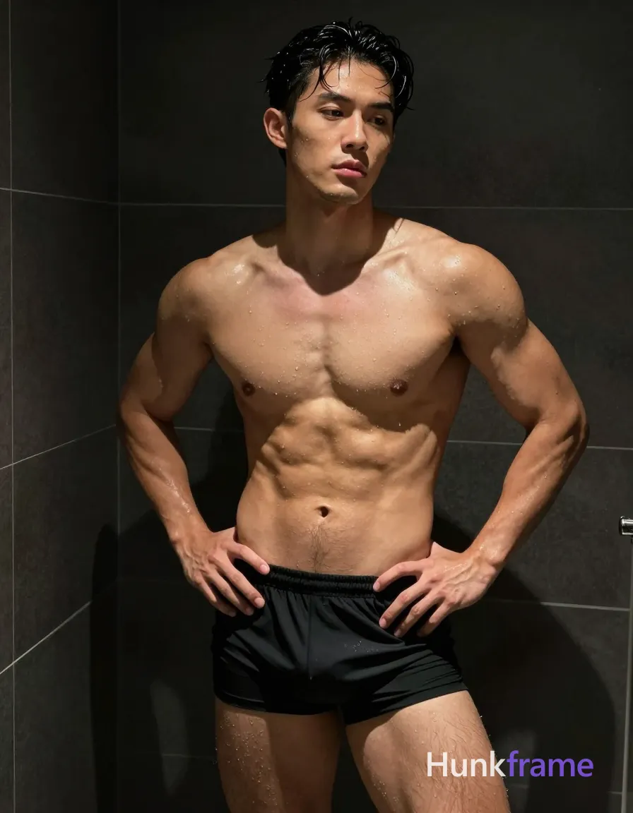Asian man with light to medium tan skin glistening from water droplets, standing in a dark tiled shower; He is shirtless wearing black athletic-style shorts, torso angled slightly right with left hand on hip and right arm extended holding the camera for a selfie angle; Broad shoulders, defined pectorals, six-pack abs, and thick thighs are sculpted by dramatic overhead lighting creating wet highlights against deep shadows; High-contrast fine-art photography capturing broad shoulders, defined pectorals, six-pack abs, thick thighs partially visible under black shorts with minimal chest hair above the left nipple; Neutral contemplative gaze directed off-camera, clean-shaven face with slicked-back short black hair tousled by running water; Vertical portrait composition filling frame from head to mid-thighs, same aesthetic theme and photo feel as the reference but a different man in a different pose with distinct body proportions, Mediterranean Italian man, olive skin, wavy dark hair, lean surfer body; single clean uninterrupted photograph with a cohesive editorial composition and plain continuous surrounding surfaces