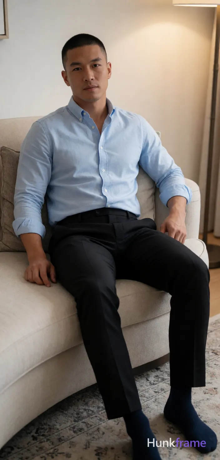 Photograph of exactly 1 adult man. Man 1: Asian, light-medium, oval with defined jawline, short buzz cut, dark brown/black, uniform length on sides and top, clean-shaven. Man 1 has fully exposed eyes, eyebrows, temples and nose bridge. Athletic Asian man with slim build, defined jawline. Seated sideways on curved beige sofa leaning back against pillows. Light blue button-down shirt sleeves rolled black tailored trousers navy socks. Vertical portrait full-body shot from knees up centered horizontally. Indoor living room with light walls patterned rug, floor lamp base visible. Soft ambient indoor lighting creating gentle shadows on right side of face. Fine-art photography clean composition balanced negative space emphasizing attire posture