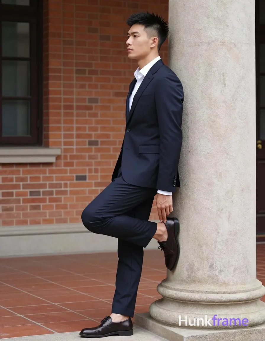 Asian man with short black textured spiky top fading to tight buzz cut, clean-shaven face, neutral gaze directed away; Standing in profile leaning back against a stone column, left leg bent and foot resting on the base while right hand holds left ankle near heel adjusting shoe; Wearing dark navy suit jacket with structured shoulders, single-breasted button closure visible at front, matching dark navy trousers, white collared dress shirt underneath; Full-body shot from head down to mid-calf showing complete figure including footwear and lower legs in slim build; Outdoor architectural setting with red brick building featuring dark-framed windows left side, terracotta tiled floor near base of column; Natural daylight creating soft shadows on face and clothing, ambient illumination highlighting texture of suit fabric; High-fashion editorial aesthetic, clean lines, architectural composition, confident stylish mood; single clean uninterrupted photograph with a cohesive editorial composition and plain continuous surrounding surfaces