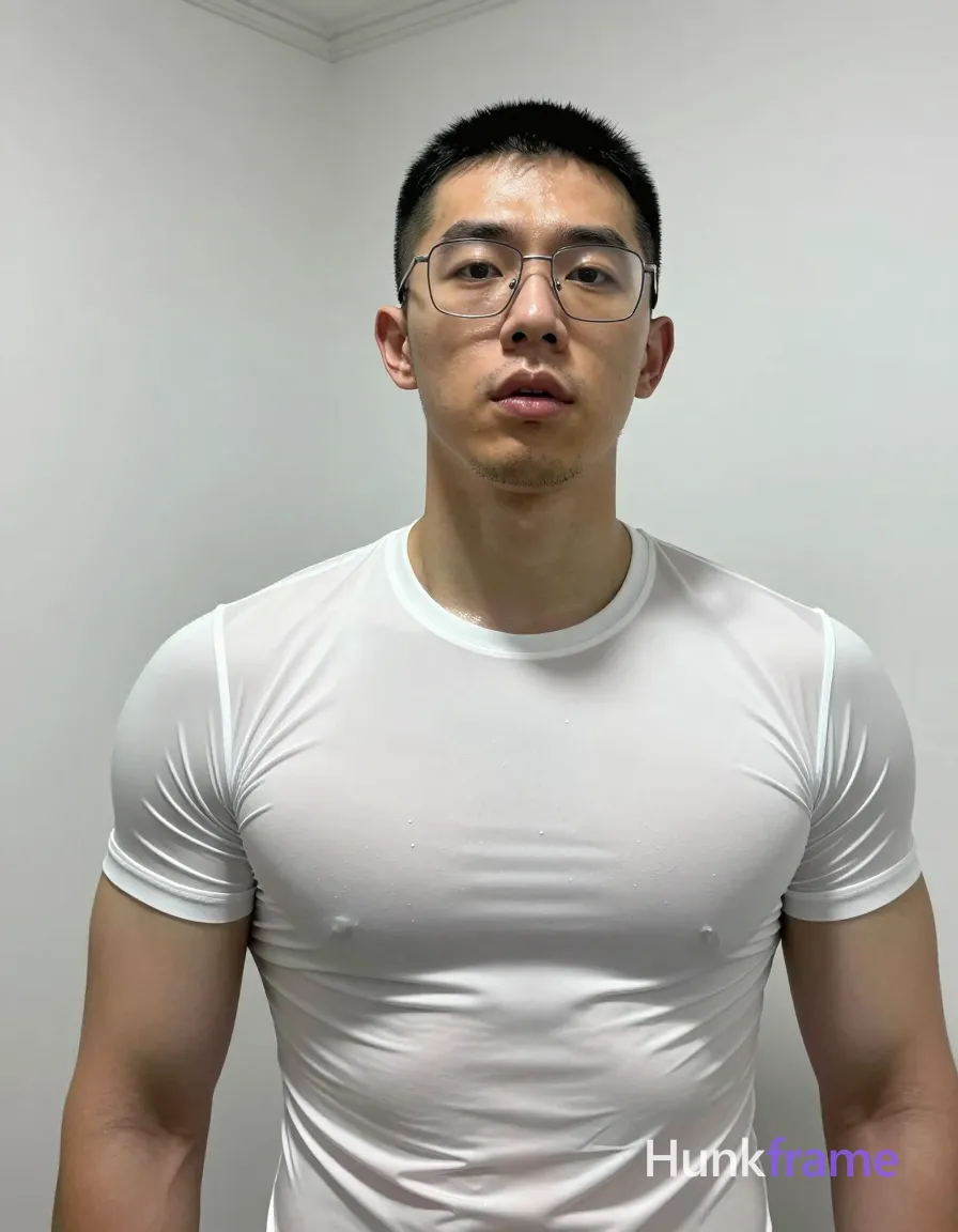 an anonymous figure man with short black buzz cut and metal-framed rectangular glasses, clean-shaven chin with light upper lip stubble; Standing upright facing camera with slight head tilt, mouth slightly parted in neutral surprise; Wearing white sheer an anonymous figure compression shirt revealing broad shoulders, defined pectorals, and abdominal definition through the fabric; Indoor room corner setting with white walls; Low-angle selfie perspective, high-contrast flash photography creating harsh highlights on sweaty skin texture; Vertical portrait crop at waist level; The adult man visibly wears metal-framed rectangular glasses with thin rims, clear lenses; preserve the exact frame shape, rim style, color, material, and lens tint; single clean uninterrupted photograph with a cohesive editorial composition and plain continuous surrounding surfaces