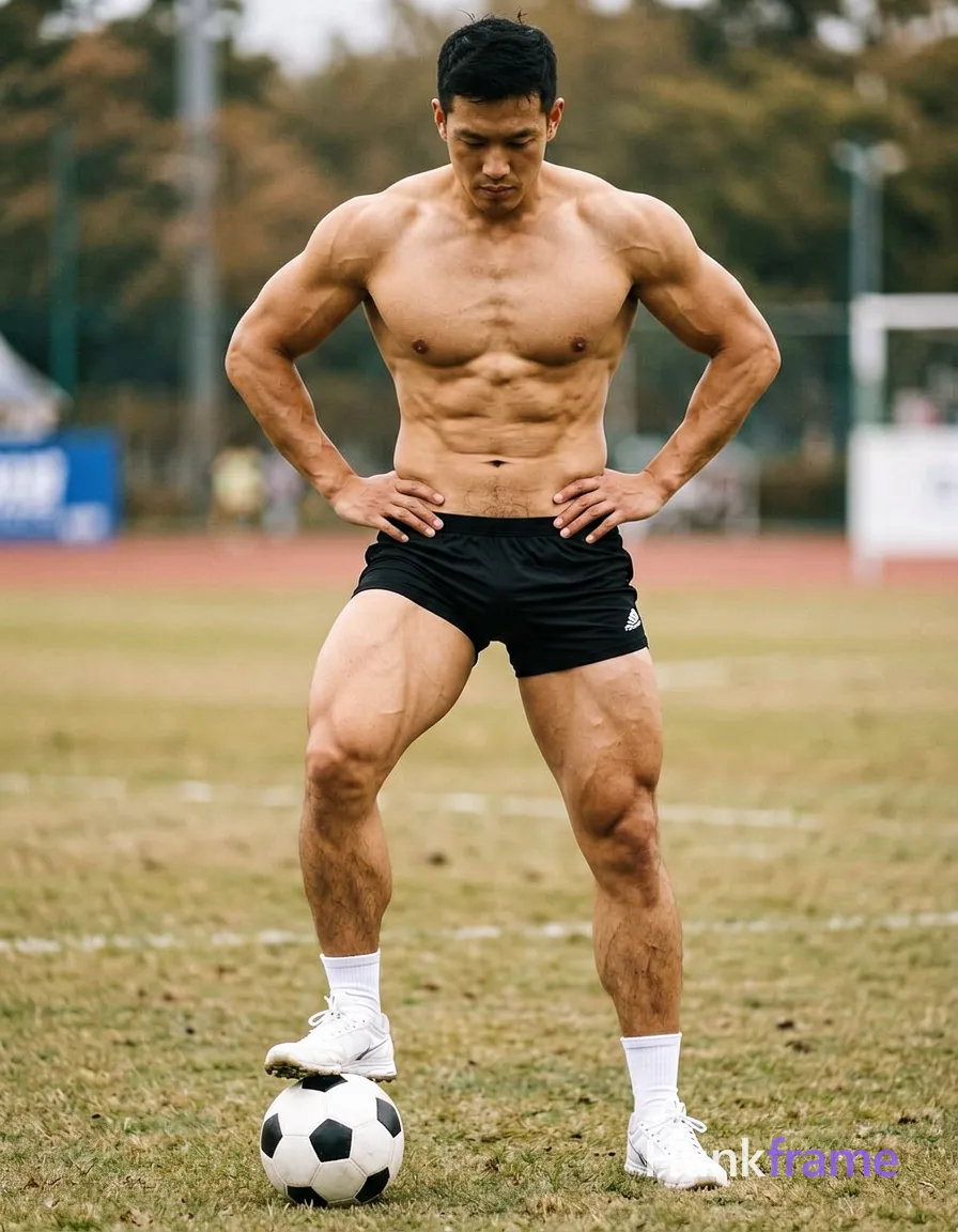 A photorealistic photograph of an Asian male standing shirtless on a soccer field with hands on hips, torso slightly leaned forward, legs apart, one foot positioned over a soccer ball. He wears black athletic shorts, white socks, and white sneakers. The image has defined abs, thick muscular thighs, and vascular arms in soft natural lighting against muted earthy tones of the outdoor setting. Emphasizing his compact athletic build with an emphasis on thick legs., wearing underwear or swim trunks, covered genitals, no frontal nudity