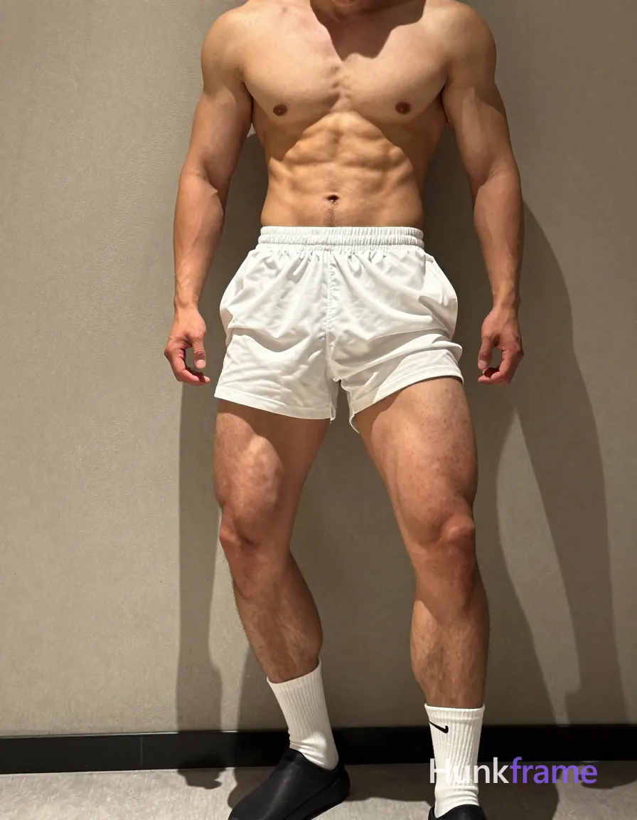 A photorealistic photograph of a handsome, muscular male standing with one leg slightly bent and torso angled to the side. He is shirtless, wearing white athletic shorts, white crew socks, and black shoes. The image has a vertical portrait orientation with an aspect ratio of 511:640 and dimensions of 896x1088 pixels. His defined abs and thick muscular thighs are prominently featured, casting shadows on the textured indoor setting. Soft lighting creates a warm, earthy tone, adding to the artistic and sensual mood., shot on iPhone 15 Pro main camera, authentic smartphone computational photography, natural Smart HDR and true-to-life skin texture, vertical 9:16 Xiaohongshu lifestyle feed, bright clean everyday scene, unretouched phone photo with subtle sensor grain, trendy Chinese internet 网红 aesthetic, candid influencer energy
