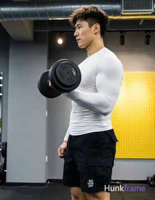 Asian man with short textured dark brown hair and clean-shaven face, standing in profile facing left
