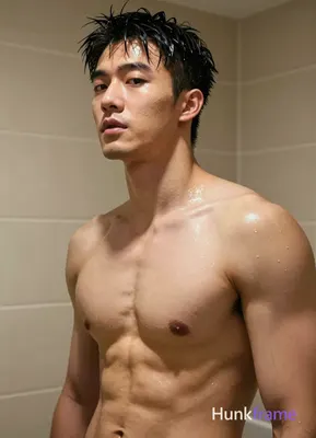 Asian man with short black hair slightly wet and glistening, clean-shaven smooth chin in polished an