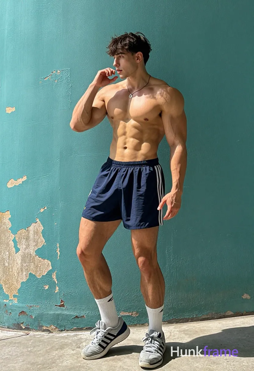 Shirtless, broad shoulders, defined pectorals, ripped abs, thick thighs visible; Wearing navy blue athletic shorts with three white stripes, white crew socks pulled to mid-calf, grey and navy running shoes; Left hand resting against cheek in contemplative gesture Outdoor urban setting against weathered teal wall with peeling paint; Strong directional sunlight casting sharp shadows on concrete ground; Fine-art photography aesthetic emphasizing sculpted musculature, shot on iPhone 15 Pro main camera, authentic smartphone computational photography, natural Smart HDR and true-to-life skin texture, vertical 9:16 Xiaohongshu lifestyle feed, bright clean everyday scene, unretouched phone photo with subtle sensor grain, trendy Chinese internet 网红 aesthetic, candid influencer energy; single clean uninterrupted photograph with a cohesive editorial composition and plain continuous surrounding surfaces