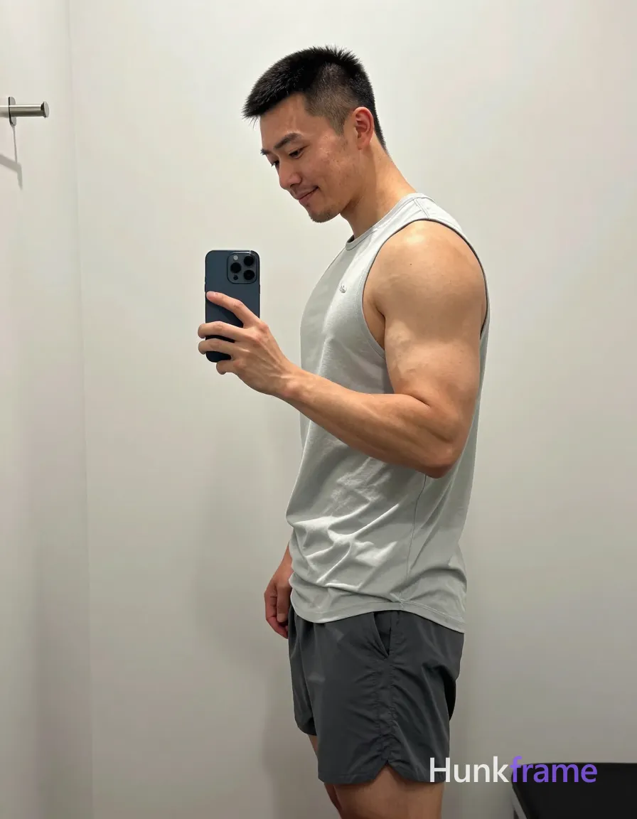 Asian man with short black buzz cut and light stubble smiles softly at a dark blue smartphone held in right hand; He wears a loose light gray sleeveless athletic tank top revealing broad shoulders, defined biceps, triceps, and abdominal definition over dark gray mid-thigh shorts; Standing sideways to camera left profile visible head tilted down toward device taking mirror selfie with teasing lighting emphasis on sculpted physique; Vertical full-body shot from mid-thigh up occupies right two-thirds of frame while white door with silver handle fills left third; Soft ambient indoor lighting creates intimate atmosphere against off-white walls clean minimalist composition naturalistic color grading confident relaxed mood, shot on iPhone 15 Pro main camera, authentic smartphone computational photography, natural Smart HDR, vertical 9:16 Xiaohongshu lifestyle post, bright clean gym or cafe scene, wardrobe matching reference outfit, confident everyday blogger pose, phone photo with natural grain, phone held naturally in one hand for selfie, phone visible in frame; single clean uninterrupted photograph with a cohesive editorial composition and plain continuous surrounding surfaces