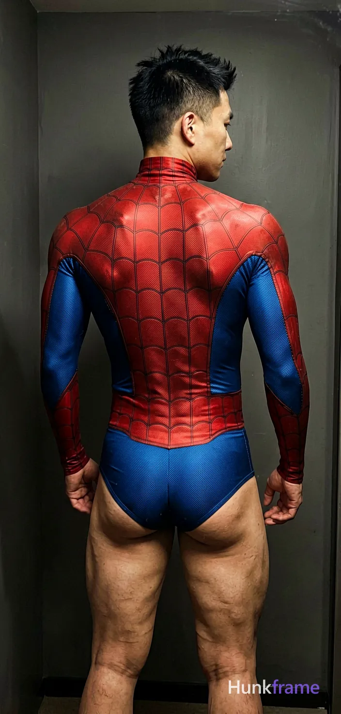 Asian man with short black spiky hair and clean-shaven face, standing in a 3/4 rear view mirror selfie. He wears a full-body Spider-Man cosplay suit (red and blue spandex) with high-neck collar covering neck entirely and long sleeves extending to wrists. Broad shoulders, defined back musculature, and thick thighs are emphasized by high-contrast lighting against dark neutral walls. Vertical portrait crop from head to mid-thighs, centered composition, fine-art photography aesthetic focusing on the suit's texture and physique., wearing underwear or swim trunks, covered genitals, no frontal nudity, a single uninterrupted photograph only, no written words or typography anywhere in frame, no captions, no app UI, no social-media post layout, no screenshot borders