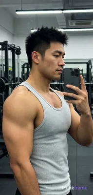 Asian man with short spiky black hair and clean-shaven face, standing in profile