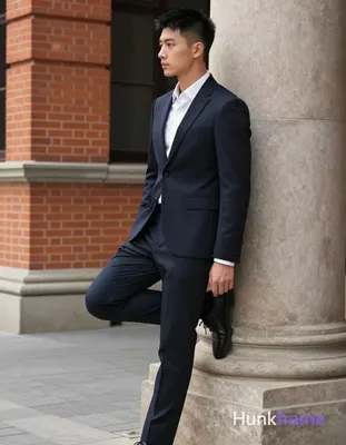 Asian man with short black textured spiky top fading to tight buzz cut, clean-shaven face, neutral g