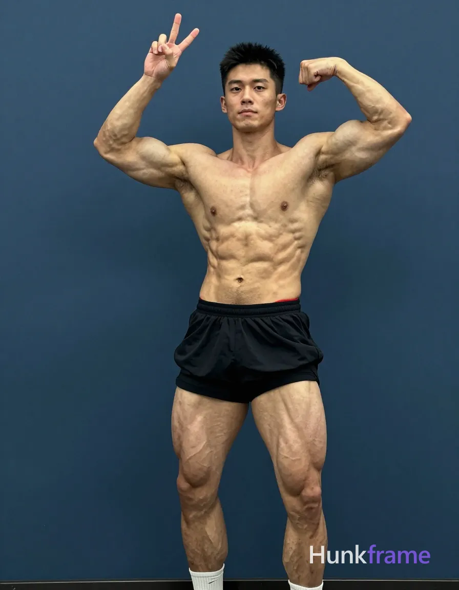 A handsome masculine man standing contrapposto with one arm raised and fingers forming a peace sign, the other arm bent at shoulder height near his head in a playful gesture. He is shirtless, wearing black athletic shorts with a red waistband visible. The torso-only crop highlights defined abs, thick muscular thighs, and vascular arms. Soft lighting creates a calm, focused atmosphere against a deep blue background. Tack-sharp image quality captures every detail of the compact athletic build