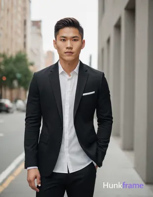 A young Asian man standing confidently in an urban setting, wearing a formal bla