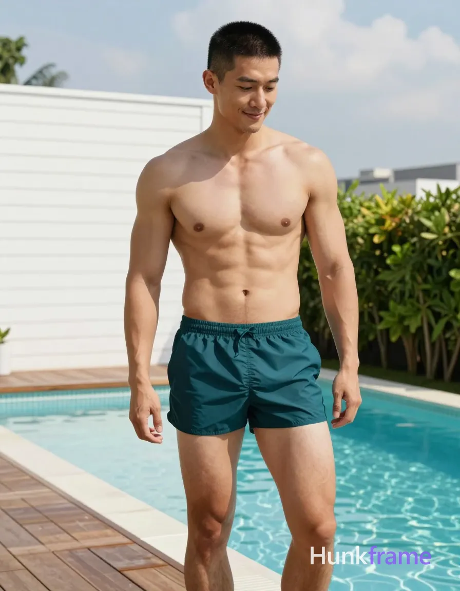 Asian man with short black buzz cut and high temples stands shirtless beside a swimming pool on a wooden deck; He wears dark teal swim trunks with elastic waistband, displaying broad shoulders, defined pectorals, visible abdominal muscles, and thick thighs; His expression is a gentle smile looking downward to the side while body angles slightly toward camera but head turns rightward; Background features white slatted wall left, green foliage behind pool edge, blue water under partly cloudy sky with bright natural daylight casting soft shadows; Fine-art photography premium fashion editorial aesthetic sculpted masculine form emphasis portrait orientation full-body framing from mid-thigh up to skyline; single clean uninterrupted photograph with a cohesive editorial composition and plain continuous surrounding surfaces