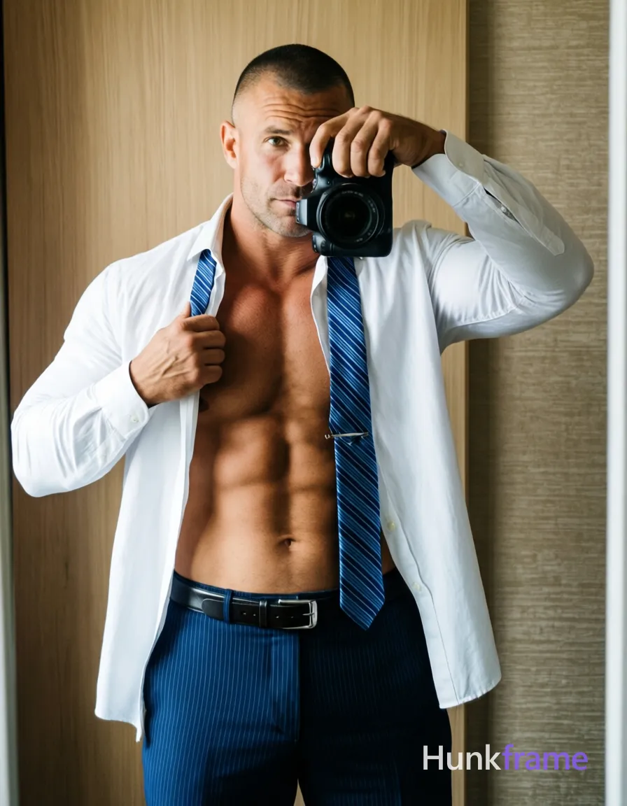 A confident adult man with a buzz cut and light to medium tan skin stands in front of a mirror taking a self-portrait; He pulls his white long-sleeve button-down shirt wide open with both hands, exposing bare chest and abdomen fully exposed due to the unbuttoned collar while simultaneously framing the shot with a DSLR held up to face; A blue striped necktie hangs loosely around his bare chest with a tie clip near navel; he wears dark blue pinstripe dress trousers and a black leather belt with silver rectangular buckle; Defined pectorals, six-pack abs, broad shoulders are sculpted by soft directional fill from front-left creating subtle shadows on right side of torso against an indoor room with light wood-paneled wall and textured beige accent paneling behind subject; mirror reflection implied by camera angle; single clean uninterrupted photograph with a cohesive editorial composition and plain continuous surrounding surfaces