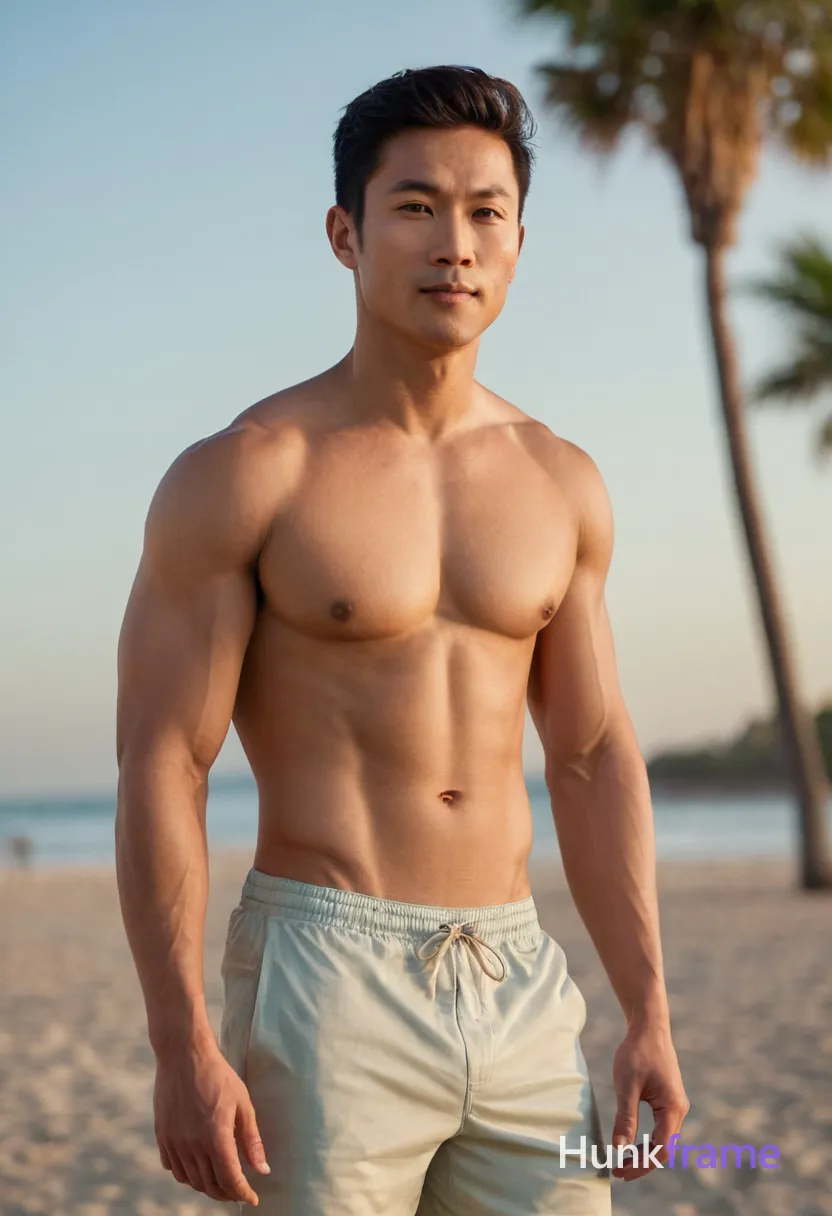 A shirtless Asian man on a beach during golden hour, wearing light gray swim trunks with drawstrings. His muscular build is prominently featured, with defined abs, chest muscles, arms, and legs. Palm trees and ocean waves are visible in the background, creating an ethereal atmosphere with soft pastel hues and golden tones. The sunlight highlights his physique beautifully, casting subtle shadows that add depth and dimension to his athletic form. He stands in a relaxed pose, looking confidently at the camera