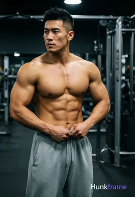 Photograph of exactly 1 adult man. Man 1: Asian, light tan, square jawline with defined cheekbones a