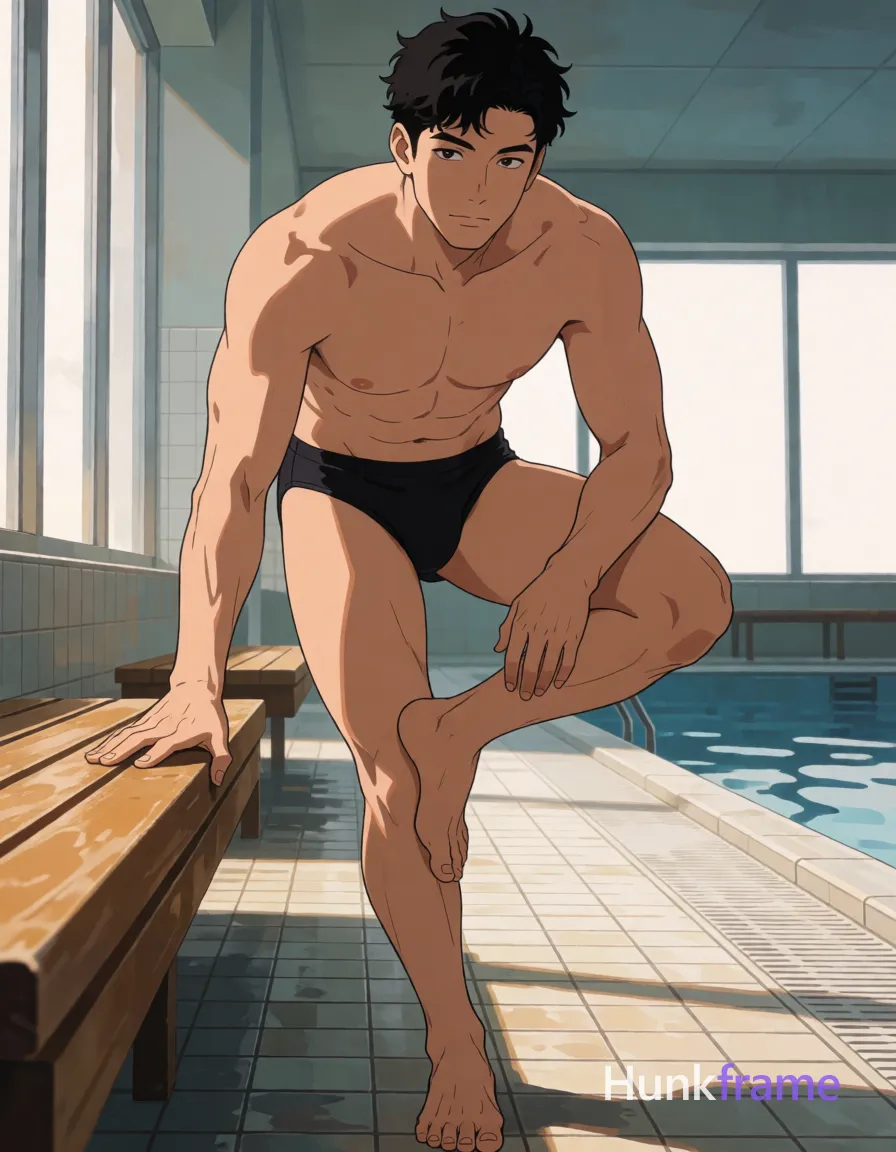 Anime illustration of exactly 1 adult man. Man 1: Asian, tanned, oval, black, short, textured with slight wave on top and tapered sides, hairline high at temples, clean-shaven. Man 1 has fully exposed eyes, eyebrows, temples and nose bridge. Asian man with tanned skin, broad shoulders standing shirtless in black swim briefs. Left hand grips raised left ankle while right arm supports weight against thigh near pool bench. Black swim briefs. Vertical 13:19 portrait with low-angle perspective centering full body from head to feet. Indoor swimming pool area with tiled floor, wooden bench beside calm water, large windows. Soft directional light creates gentle shadows on right flank under premium fashion editorial atmosphere. Polished anime 2.5D next-gen game art rendering fine-art photography with sculpted lighting details