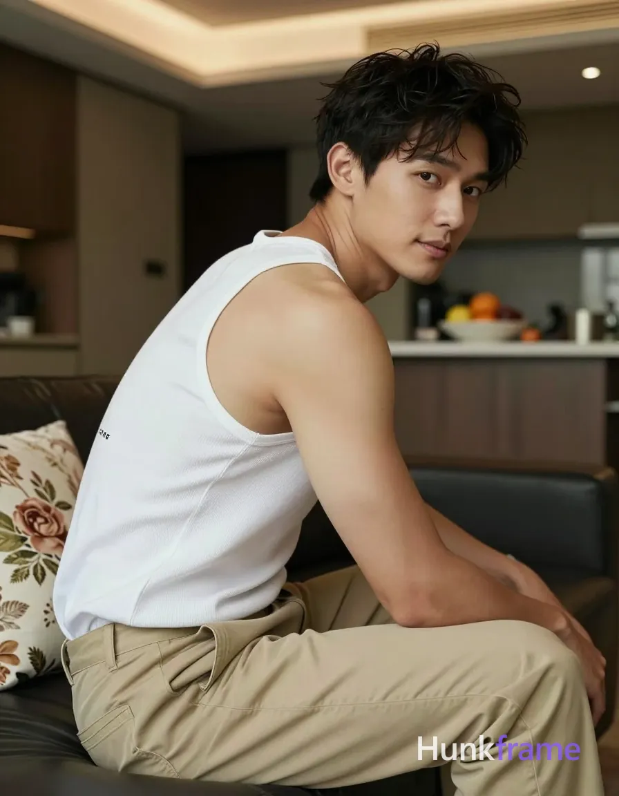 Asian man with light-medium skin and dark brown short hair styled with volume, clean-shaven face neutral to slightly smiling looking over shoulder. Seated sideways on dark leather sofa in foreground center-left, torso angled toward camera head turned back, arms crossed loosely before thighs knees bent wearing white ribbed tank top with black text 'LCONE' smaller line below upper left back and light beige khaki trousers fully clothed adult broad shoulders defined biceps triceps visible abdominal definition. Indoor living room floral-patterned pillow kitchen counter background bowls fruit stacked dishes warm ambient ceiling lighting soft directional fill highlighting face shoulder shallow depth of field naturalistic photography premium fashion editorial dramatic sculpted pose homoerotic aesthetic HF small garment print. Include exactly one visible wordmark, spelled exactly "HF", as a small garment print; preserve its appropriate typography and scale. No other visible text, logo, caption, username, hashtag, comment, watermark, or UI chrome., a single uninterrupted photograph only, no written words or typography anywhere in frame, no captions, no app UI, no social-media post layout, no screenshot borders