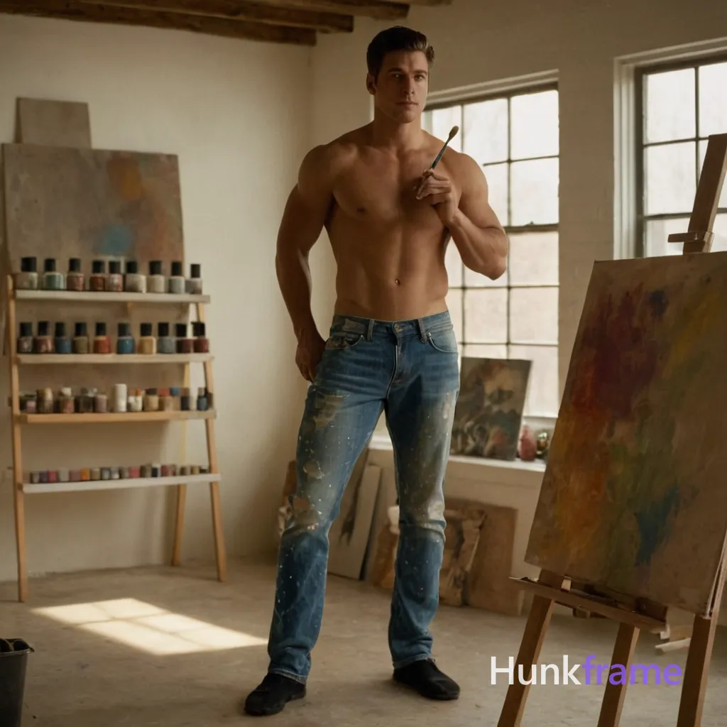 A shirtless man stands confidently in a modern artist's studio, holding a palette and brush. The background includes shelves of art supplies, an easel with a canvas, and other studio elements. Soft diffused light from large windows highlights his muscular physique, casting subtle shadows that emphasize his form. The scene is captured in high fashion editorial style, with dramatic lighting creating depth and shadow. The subject wears paint-splattered jeans, adding to the artistic atmosphere. 1:1 aspect ratio square composition, 85mm lens, soft window light, shallow depth of field