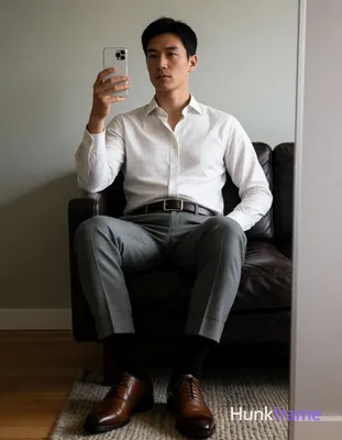 Asian man seated on dark leather sofa, legs spread apart with knees bent; Right arm raised holding w