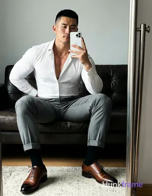 Asian man seated on dark leather sofa, legs spread knees bent taking mirror selfie with white smartp