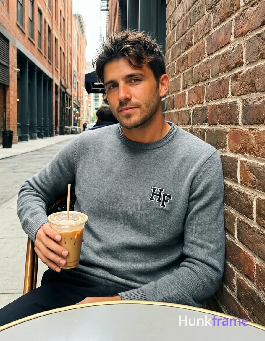 an anonymous figure man with light to medium tan skin and natural sun highlights, short textured dark brown hair with side-swept fringe; Standing casually leaning against a brick wall in an urban alleyway instead of seated at the café table, left arm resting on thigh holding iced coffee cup with straw; right hand partially obscured by sleeve; Wearing grey crewneck sweater with 'HF' logo embroidered on left chest replacing any source text; Lean build, clean-shaven chin and jawline with faint upper lip stubble; Vertical social-feed composition, candid iPhone rear-camera snapshot energy, trendy lifestyle vibe; FULL GARMENT TEXT REPLACEMENT: remove every source garment word, sentence, slogan, logo, and partial brand spelling from every existing print area, then replace those source marks with only the wordmark, spelled exactly "HF"; This is replacement, Repeated "HF" marks are allowed only where the source garment already had printed text; preserve appropriate placement, typography, color, and scale, logo, caption, username, hashtag, comment, watermark, or UI chrome; single clean uninterrupted photograph with a cohesive editorial composition and plain continuous surrounding surfaces