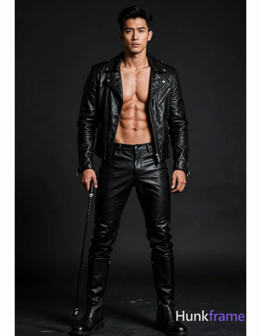A handsome Asian man with medium-dark skin and short black hair stands full-body against a dark studio backdrop. He wears an open black leather jacket revealing bare chest, tight leather pants, and knee-high boots while holding a whip near his hip. Dramatic high-contrast lighting highlights defined pectorals, abs, and thick thighs in sharp focus on textures., a single uninterrupted photograph only, no written words or typography anywhere in frame, no captions, no app UI, no social-media post layout, no screenshot borders