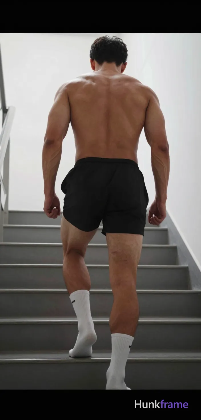 A muscular man with light to medium tan skin ascends stairs away from camera, back to viewer. He grips black socks or footwear at his thighs while shirtless in black athletic shorts and white crew-length socks. The shot highlights defined latissimus dorsi and prominent glutes under soft shadows cast on the indoor staircase landing. Vertical phone-camera perspective with black bars frames the documentary-style capture of physical form., a single uninterrupted photograph only, no written words or typography anywhere in frame, no captions, no app UI, no social-media post layout, no screenshot borders