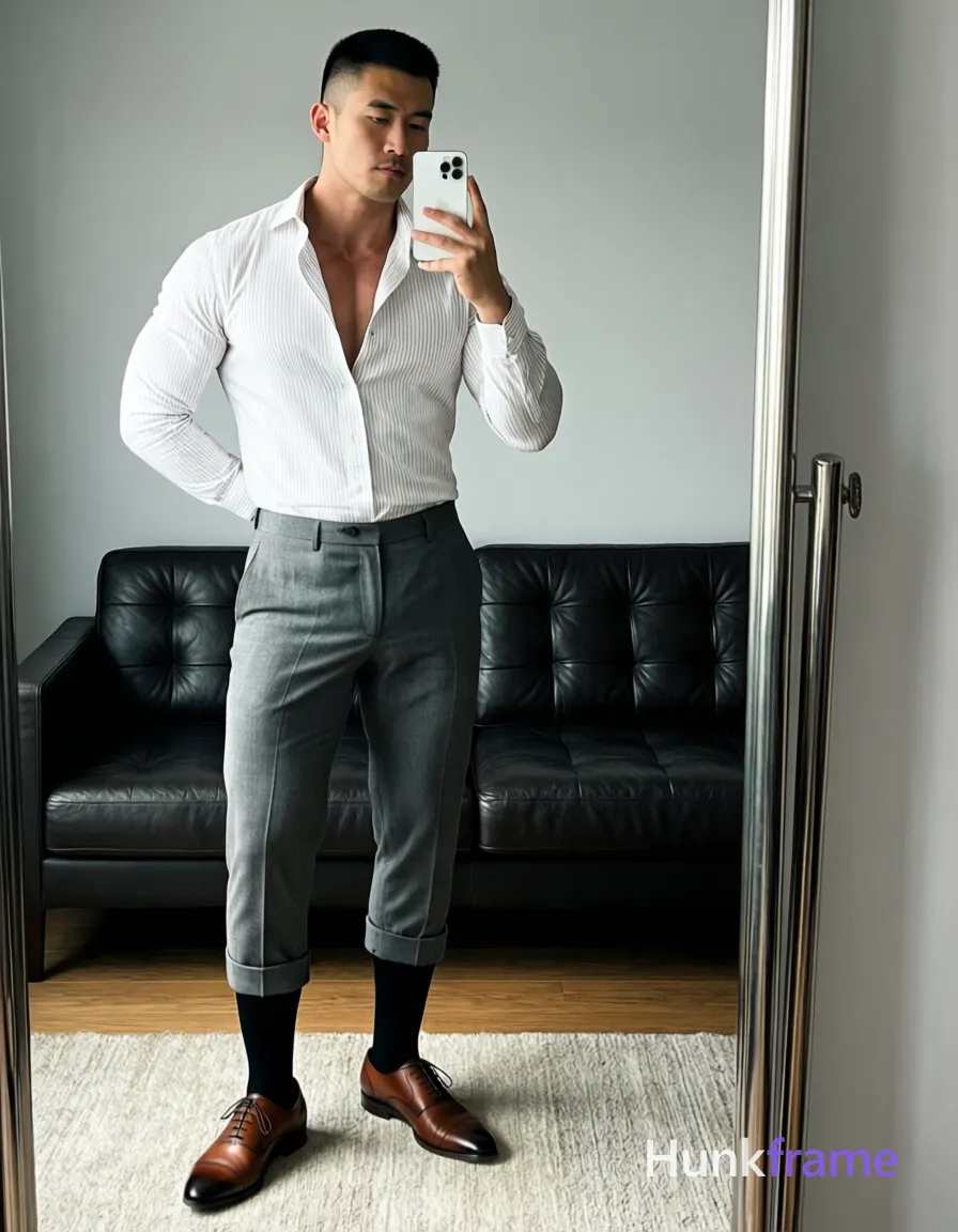 Asian man standing in front of full-length mirror holding white smartphone at chest level taking selfie instead of seated. White long-sleeve button-up shirt subtle vertical stripes top two buttons undone revealing upper chest and collarbone artistic partial nude adult. Grey tailored trousers cuffed slightly above ankle black dress socks pulled up to mid-calf brown cap-toe oxford shoes visible on light-colored rug below. Broad shoulders defined pectorals toned arms short black buzz cut straight texture high forehead clean hairline clean-shaven neutral direct gaze at phone camera in mirror reflection left hand resting behind back near hip right arm raised holding smartphone. Indoor room featuring dark leather tufted sofa against light grey wall wooden floor partially covered by textured rug vertical mirror frame visible along right edge of image soft ambient indoor lighting creating gentle shadows on face and clothing folds white grey brown black palette polished confident stylish mood clean lines minimalist composition fine-art photography dramatic lighting sculpted poses premium fashion-editorial aesthetic handsome masculine subject tailored attire captured via mirror selfie composition 13:19 aspect ratio vertical portrait orientation, shot on iPhone 15 Pro main camera, authentic smartphone computational photography, natural Smart HDR and true-to-life skin texture, vertical 9:16 Xiaohongshu lifestyle feed, bright clean everyday scene, unretouched phone photo with subtle sensor grain, trendy Chinese internet 网红 aesthetic, candid influencer energy, phone held naturally in one hand for selfie, phone visible in frame, a single uninterrupted photograph only, no written words or typography anywhere in frame, no captions, no app UI, no social-media post layout, no screenshot borders