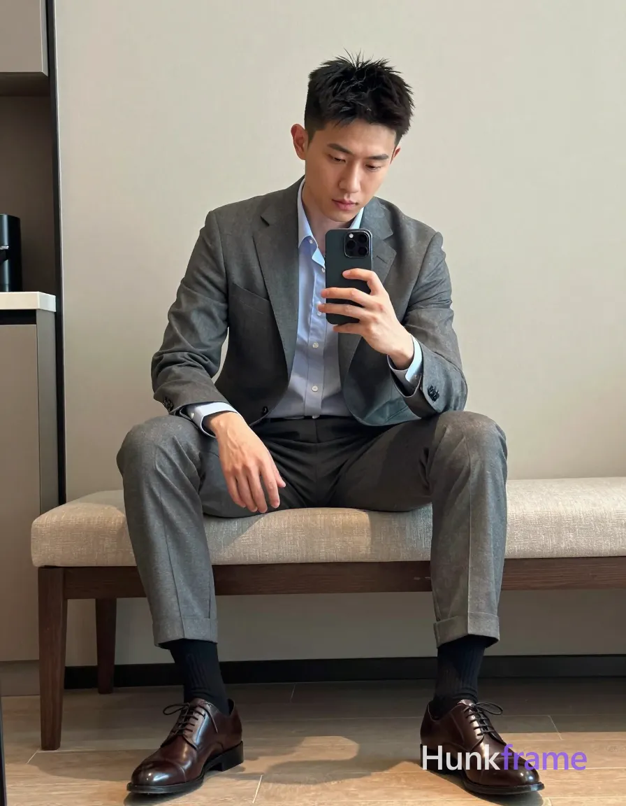 an anonymous figure man with light-medium skin and short black textured hair, clean-shaven face focused on a handheld smartphone; He wears a grey single-breasted suit jacket over an open-collared light blue button-down shirt, matching rolled trousers, black crew socks, and dark brown leather dress shoes; Seated sideways on a beige upholstered bench with dark wood frame in a modern interior with neutral walls and kitchenette visible to the left; Soft ambient indoor lighting emphasizes his lean build within the minimalist decor setting; Vertical portrait composition capturing full-body shot from head to shoes, shot on iPhone 15 Pro main camera, authentic smartphone computational photography, natural Smart HDR and true-to-life skin texture, vertical 9:16 Xiaohongshu lifestyle feed, bright clean everyday scene, unretouched phone photo with subtle sensor grain, trendy Chinese internet 网红 aesthetic, candid influencer energy, phone held naturally in one hand for selfie, phone visible in frame; single clean uninterrupted photograph with a cohesive editorial composition and plain continuous surrounding surfaces