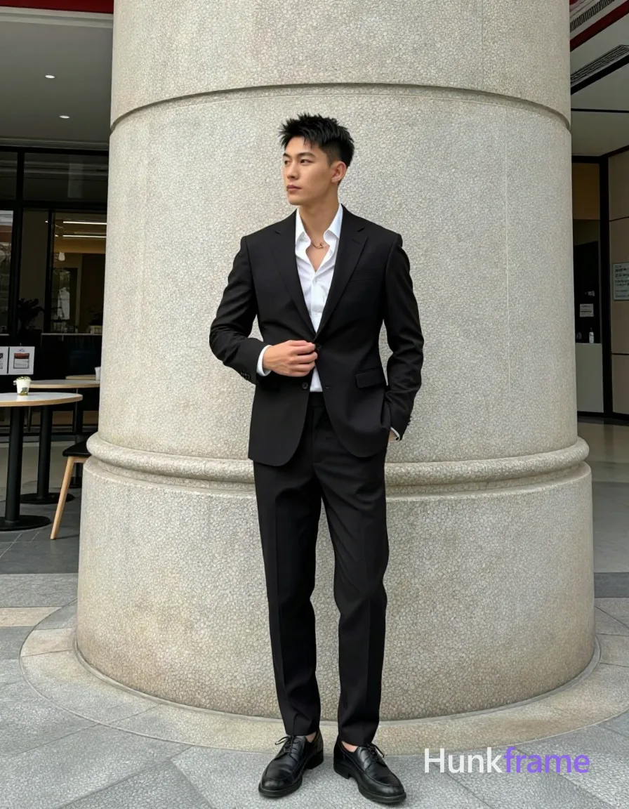 Asian man with short textured black hair styled upward and back, clean-shaven face, neutral composed gaze directed away from camera; He stands upright against a curved stone building in an outdoor urban daylight setting, left hand deep in pants pocket, right hand adjusting the button on his white collared dress shirt near waistline while wearing a tailored black two-piece suit with top buttons undone at neck; Full-body shot from head to shoes centered vertically occupying central third of frame horizontally, shot on iPhone 15 Pro main camera, authentic smartphone computational photography, natural Smart HDR, vertical 9:16 Xiaohongshu lifestyle post, bright clean gym or cafe scene, wardrobe matching reference outfit, confident everyday blogger pose, phone photo with natural grain; single clean uninterrupted photograph with a cohesive editorial composition and plain continuous surrounding surfaces