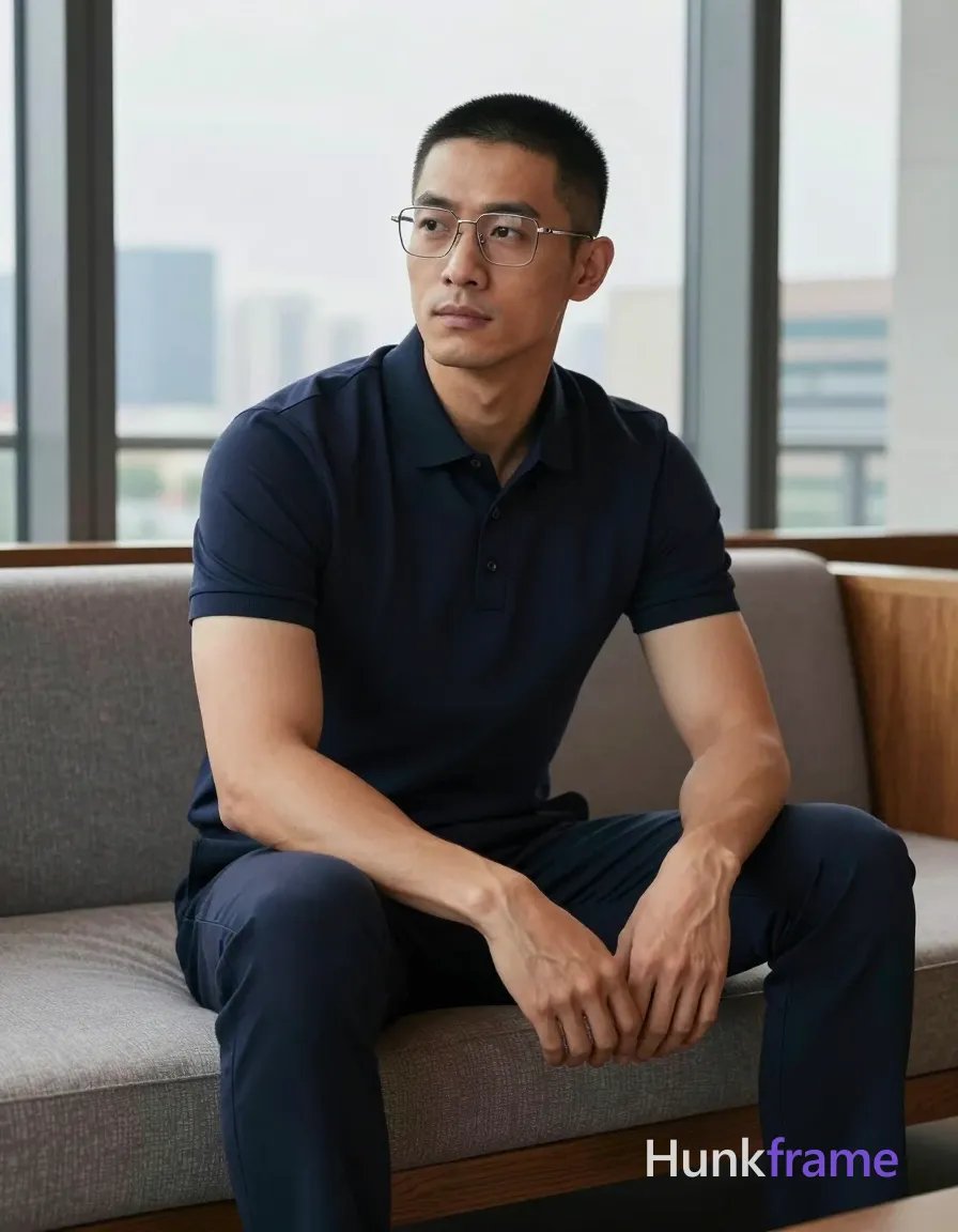 an anonymous figure man with light-medium skin and a short black buzz cut, wearing rectangular wire-frame glasses with thin metallic rims; He sits on a wooden-framed sofa in modern indoor lounge setting overlooking urban skyline through large glass windows; Dressed in dark navy blue buttoned polo shirt and matching slim-fit trousers; Broad shoulders defined biceps forearms visible under clean lines minimalist composition; Natural daylight from window source creating soft shadows on face torso supplementing ambient interior lighting; Full-body shot head to shoes framed vertically slight left bias center-left foreground calm composed sophisticated mood fine-art photography dramatic yet natural lighting premium fashion-editorial aesthetic tailored navy polo athletic gym photography defined anatomy confident strength; The adult man visibly wears rectangular wire-frame glasses with thin metallic rims and clear lenses; worn on face covering both eyes on his face; preserve the exact frame shape, rim style, color, material, and lens tint; single clean uninterrupted photograph with a cohesive editorial composition and plain continuous surrounding surfaces