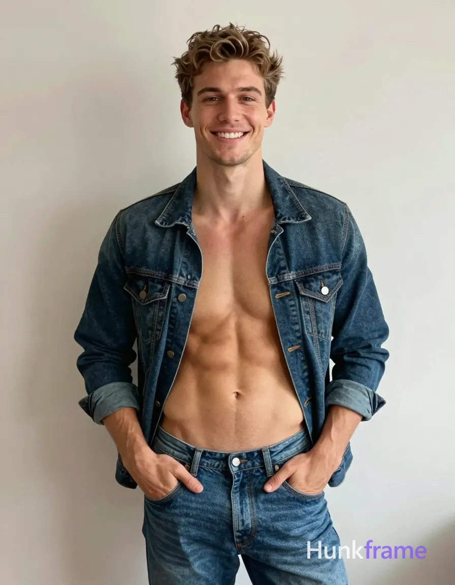 A handsome Caucasian man in his twenties stands facing the camera with a confident smile and direct gaze. He is shirtless, displaying defined abs and broad shoulders against an open dark denim jacket with sleeves rolled up. His hands are casually tucked into blue jeans pockets while he wears no visible footwear or socks. The composition features a centered waist-up crop highlighting skin tones and neutral background textures under soft even daylight. This clean studio-style portrait captures the subject's casual confidence on a plain light-textured wall., shot on iPhone 15 Pro main camera, authentic smartphone computational photography, natural Smart HDR and true-to-life skin texture, vertical 9:16 Xiaohongshu lifestyle feed, bright clean everyday scene, unretouched phone photo with subtle sensor grain, trendy Chinese internet 网红 aesthetic, candid influencer energy, a single uninterrupted photograph only, no written words or typography anywhere in frame, no captions, no app UI, no social-media post layout, no screenshot borders
