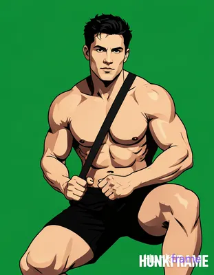 A bold flat-color wall art graphic of a muscular adult man with dark short slightly wavy hair and cl