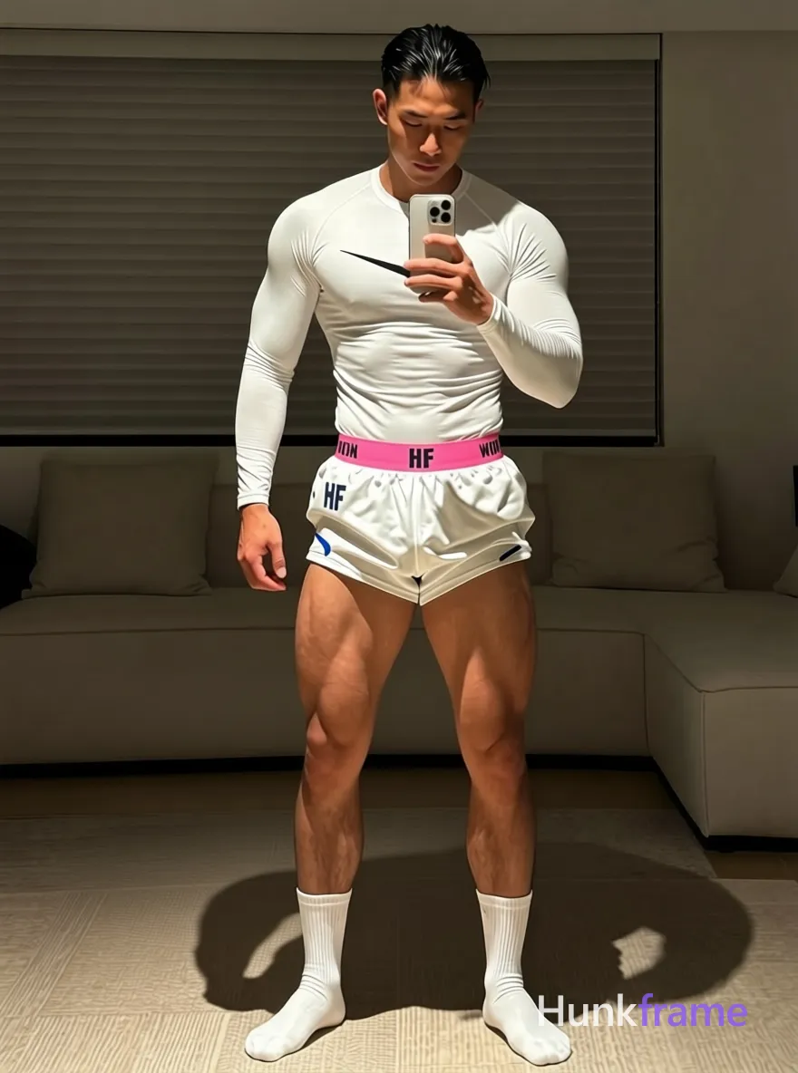 Asian man with tanned skin and black slicked-back hair, clean-shaven face looking down at a white smartphone held in left hand. Standing full-length mirror selfie pose, weight balanced on both legs, right arm relaxed by side. Wearing white long-sleeve compression shirt with centered black Nike swoosh logo, pink 'WOOM WOOM' waistband visible above white athletic shorts with blue swoosh, plain mid-calf socks, no shoes. Indoor residential space at night behind closed horizontal blinds, round stone coffee table and beige ottoman in background. Soft directional fill from front-left creating subtle shadows along torso and limbs, ambient warm interior glow reflecting off skin tones. High-resolution mirror selfie aesthetic, clean composition centered vertically within frame, dramatic lighting highlighting defined anatomy, thick thighs, and confident strength., a single uninterrupted photograph only, no written words or typography anywhere in frame, no captions, no app UI, no social-media post layout, no screenshot borders