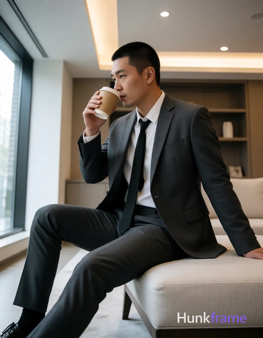 Asian man with short buzz cut and clean-shaven face in profile, seated sideways on a light-colored upholstered ottoman; He wears a dark grey single-breasted suit jacket over an unbuttoned white dress shirt exposing the upper chest and collarbone, paired with loose black tie and slim-fit trousers; Left leg bent with foot on cushion, right leg extended forward holding a beige disposable coffee cup mid-drink; Full-body low angle shot in a modern interior lounge with large windows and built-in shelving; Soft ambient lighting from overhead fixtures mixed with natural daylight entering the left window; Clean lines, minimalist decor, professional fashion photography style; single clean uninterrupted photograph with a cohesive editorial composition and plain continuous surrounding surfaces