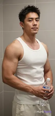 Asian man with short dark textured spiky hair and clean-shaven face stands uprig