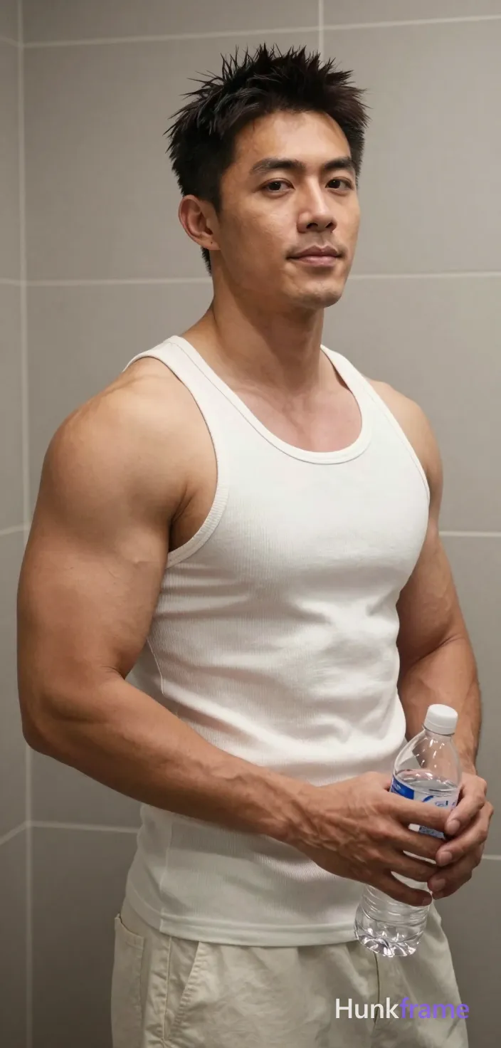 Asian man with short dark textured spiky hair and clean-shaven face stands upright torso angled right holding clear plastic water bottle at waist level; He wears a white ribbed tank top covering chest to mid-thighs in an indoor bathroom setting with light gray tiled walls; Warm soft lighting from front-left emphasizes his broad shoulders, defined pectorals, vascular forearms, and rugged warm confidence; High-resolution photo capturing natural skin texture, focused neutral gaze, and meaty build suitable for muscle bear aesthetic, same aesthetic theme and photo feel as the reference but a different man in a different pose with distinct body proportions, Filipino man, golden brown skin, warm smile lines, compact muscular build; single clean uninterrupted photograph with a cohesive editorial composition and plain continuous surrounding surfaces