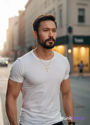 A Chinese man with light tan skin and high cheekbones stands on a bustling city 